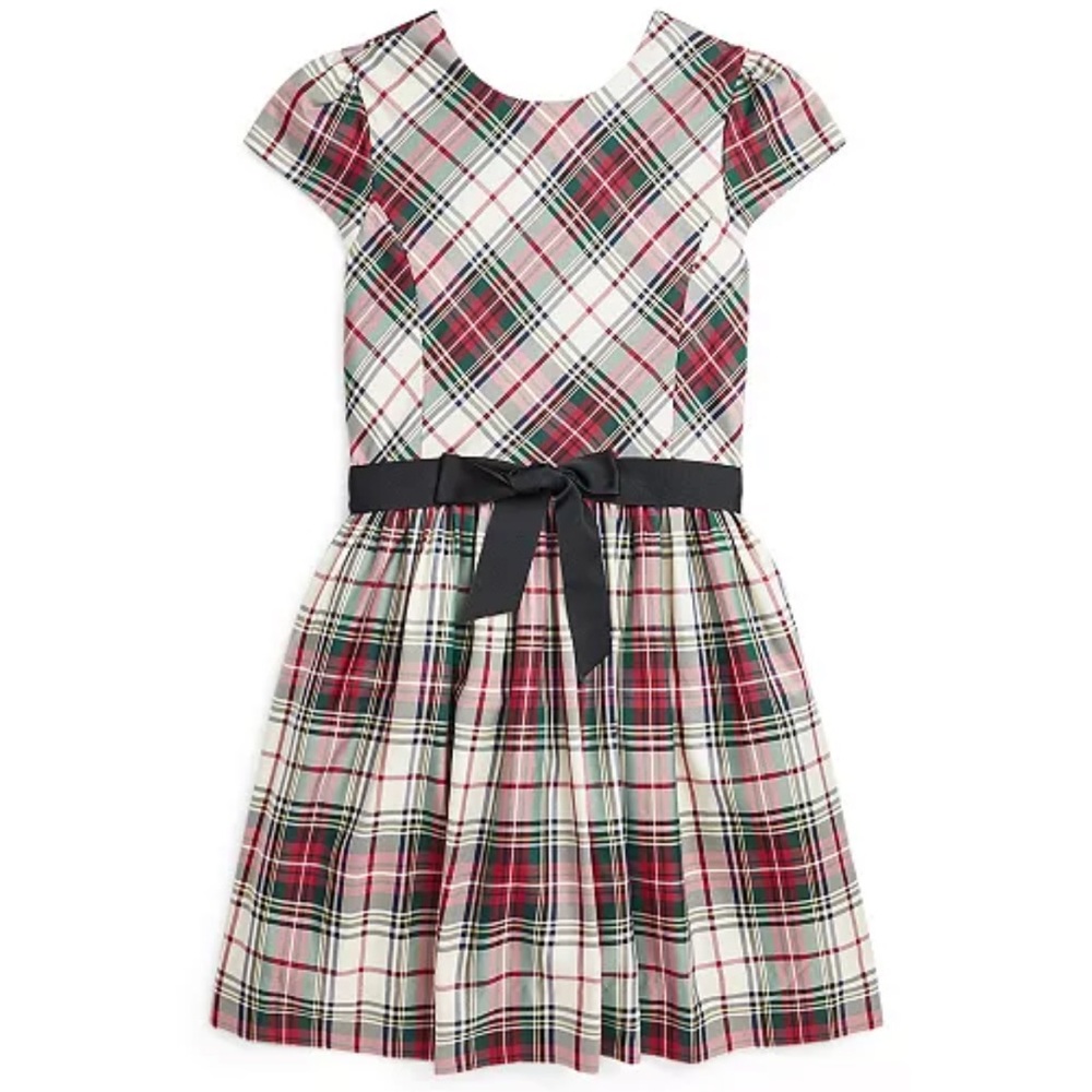 A charming festive plaid motif and grosgrain sash dress
